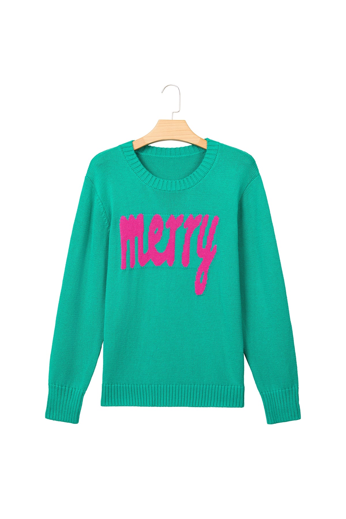 Bright Green Merry Print Ribbed Trim Round Neck Loose Fit Sweater-Sweaters & Cardigans/Sweaters-[Adult]-[Female]-2022 Online Blue Zone Planet