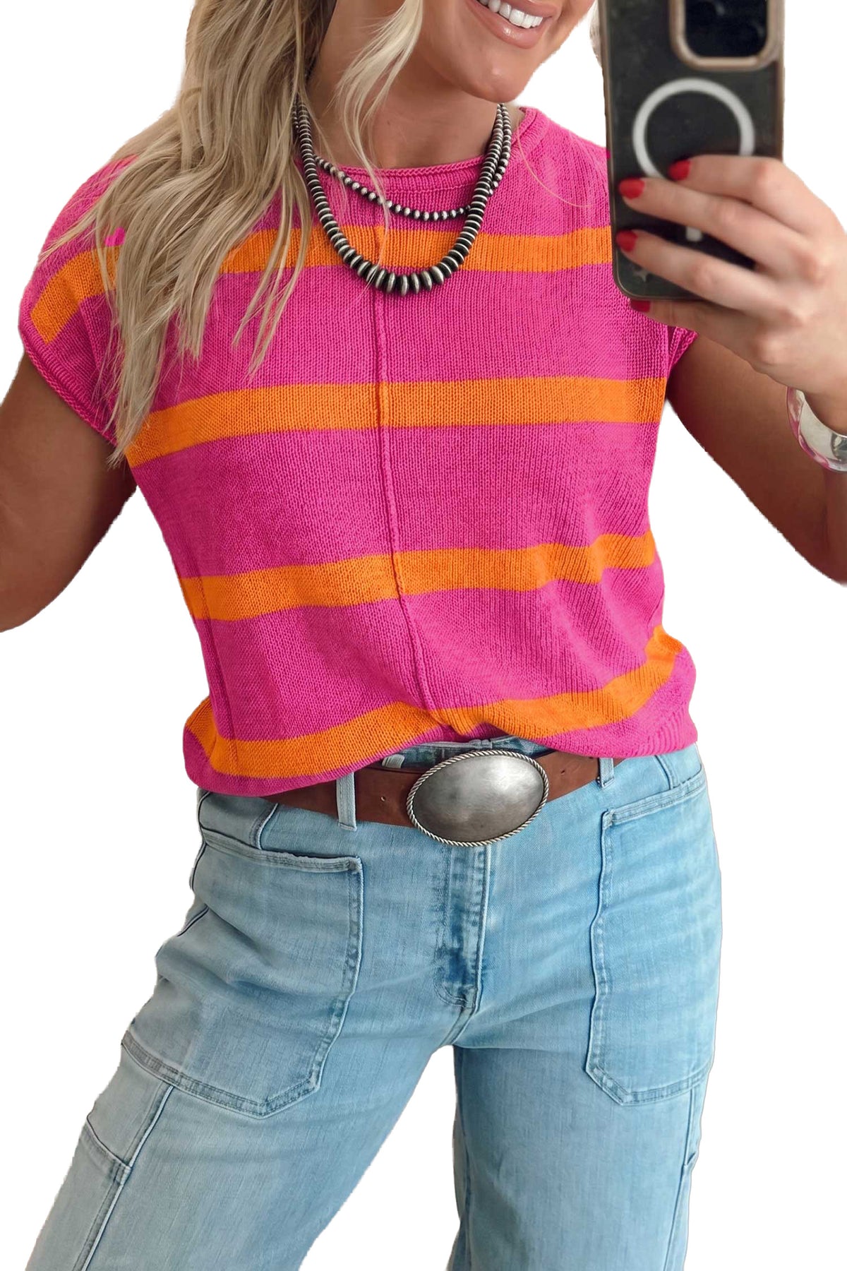 Rose Stripe Knit Western Short Sleeve Sweater-TOPS / DRESSES-[Adult]-[Female]-2022 Online Blue Zone Planet