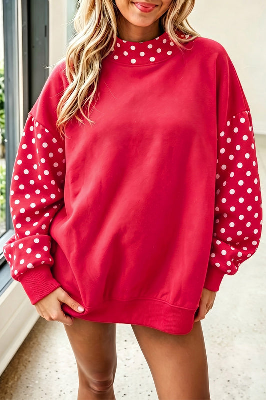 Fiery Red Polka Dot Contrast Round Neck Long Sleeve Baggy Sweatshirt-Tops/Sweatshirts & Hoodies-[Adult]-[Female]-Fiery Red-S-2022 Online Blue Zone Planet