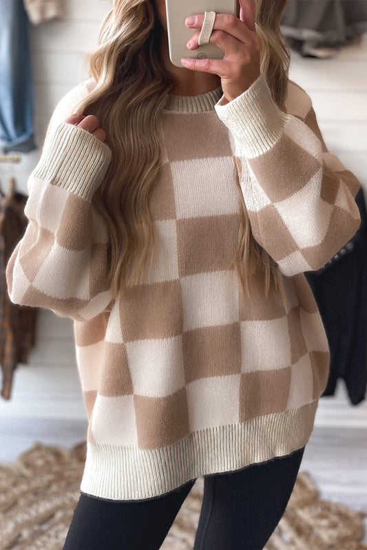 Parchment Checkered Pattern Ribbed Trim Knit Baggy Sweater-TOPS / DRESSES-[Adult]-[Female]-Parchment-S-2022 Online Blue Zone Planet