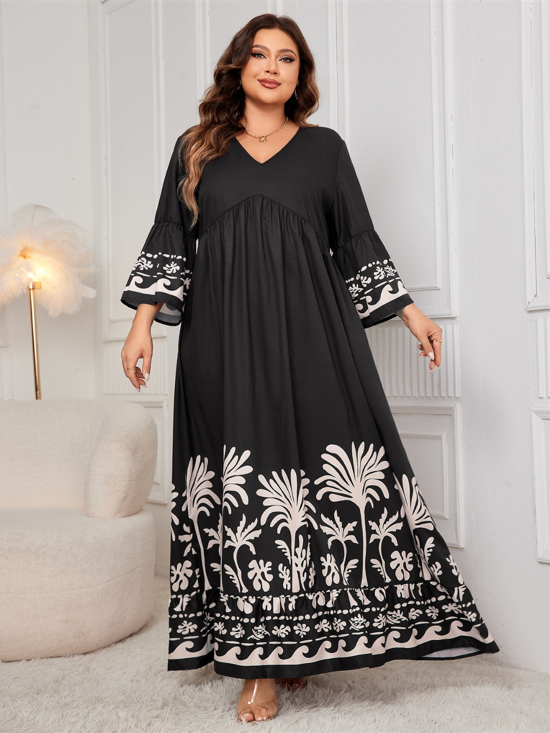 Blue Zone Planet | Plus Size Printed V-Neck Long Sleeve Maxi Dress-TOPS / DRESSES-[Adult]-[Female]-2022 Online Blue Zone Planet