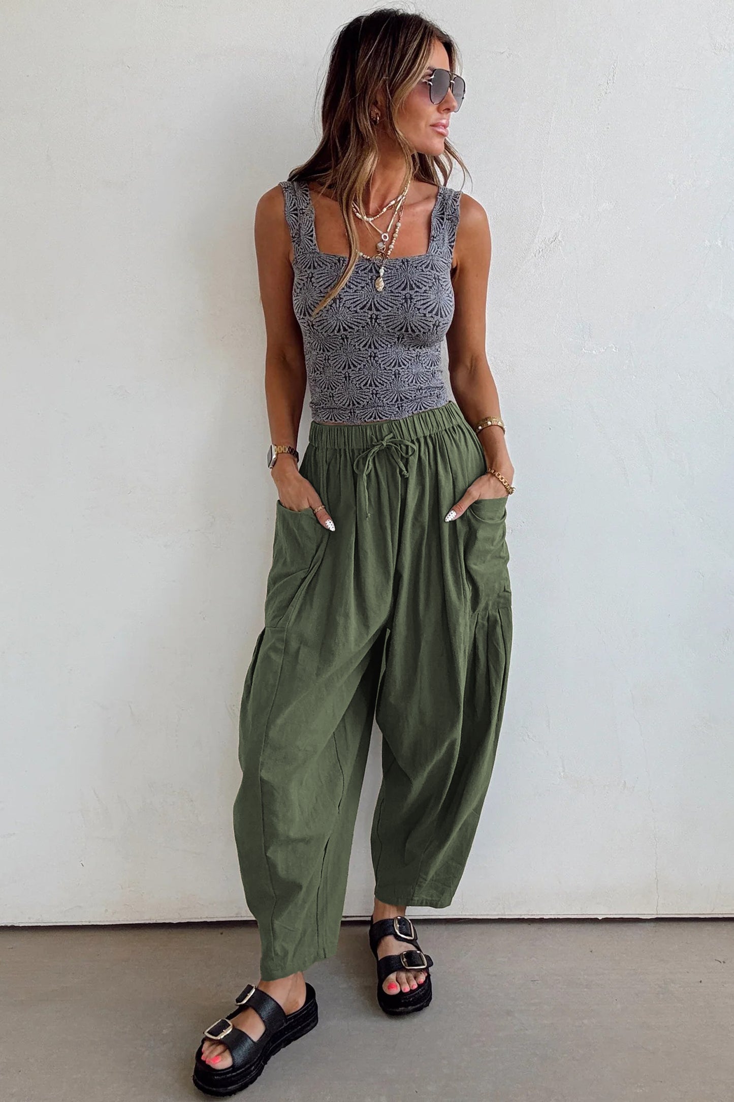 Jungle Green Drawstring Elastic Waist Patch Pocket Barrel Leg Casual Pants-Bottoms/Pants & Culotte-[Adult]-[Female]-2022 Online Blue Zone Planet