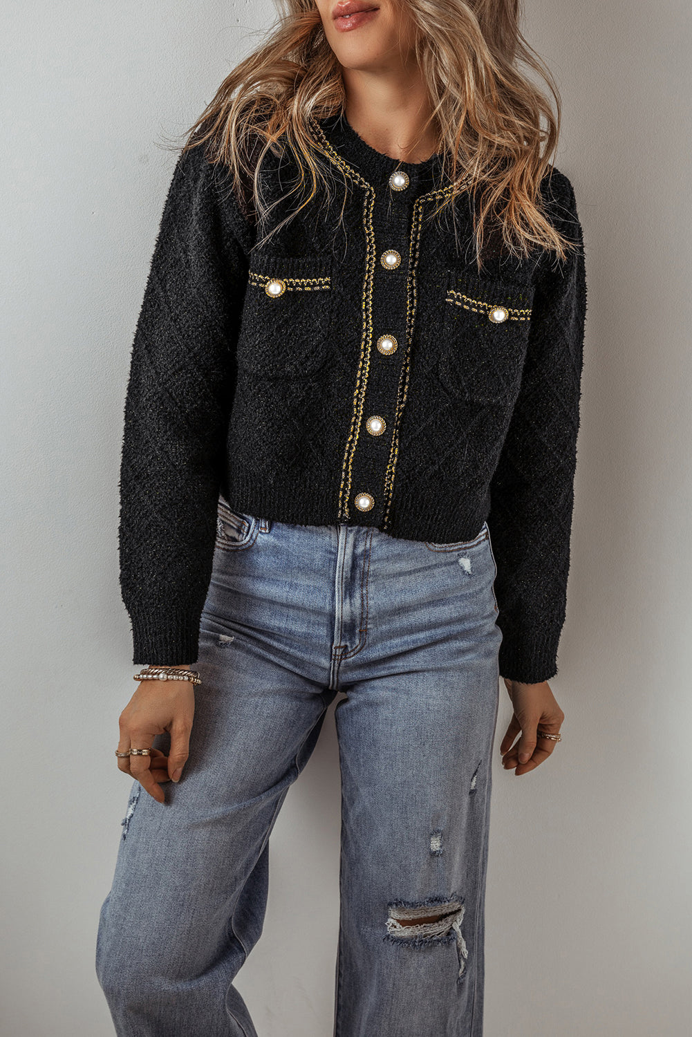 Black Shimmer Flap Pocket Button Up Cardigan-Sweaters & Cardigans/Cardigans-[Adult]-[Female]-2022 Online Blue Zone Planet