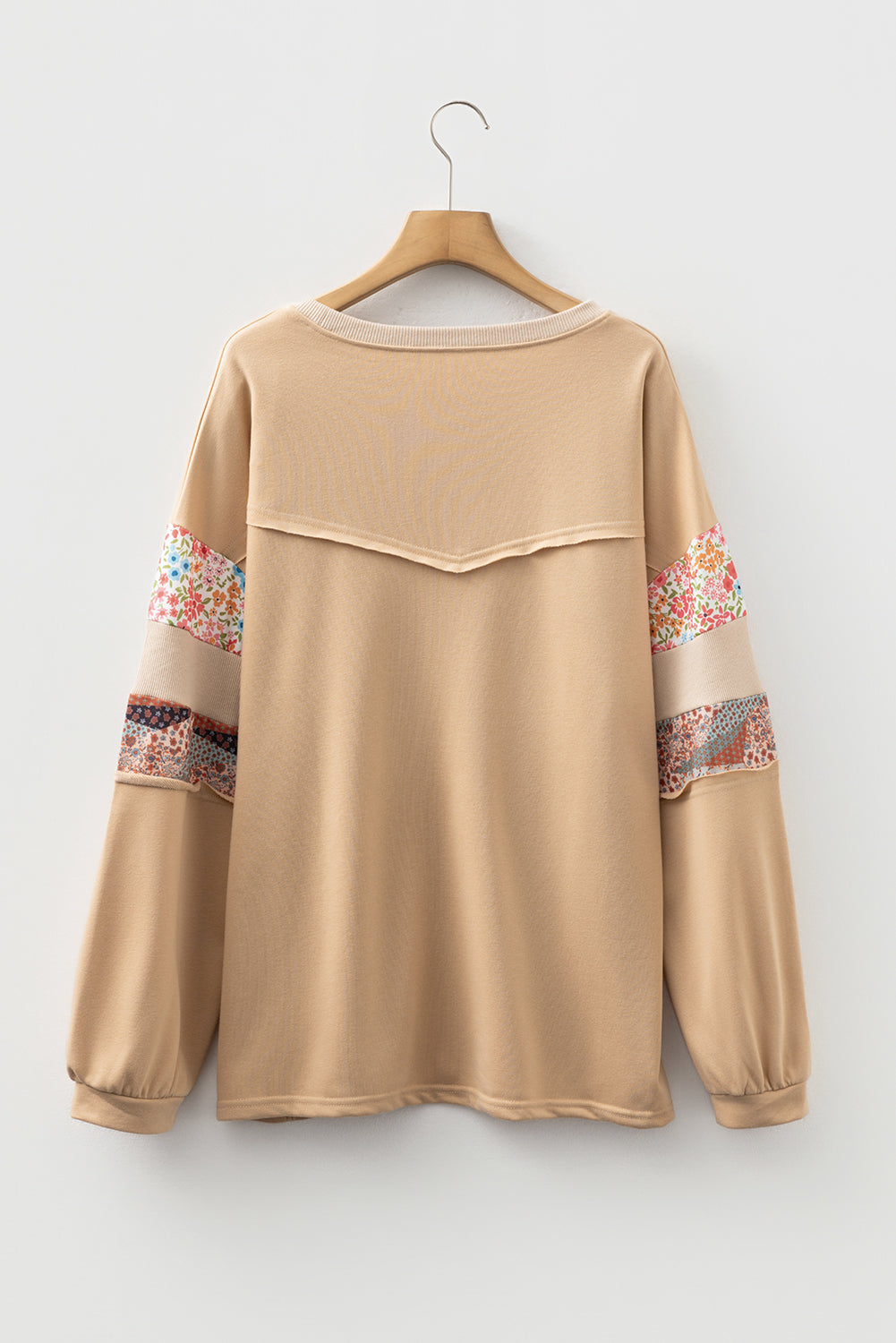 Khaki Exposed Seam Floral Mixed Patchwork Relaxed Plus Size Top-Plus Size/Plus Size Sweatshirts & Hoodies-[Adult]-[Female]-2022 Online Blue Zone Planet