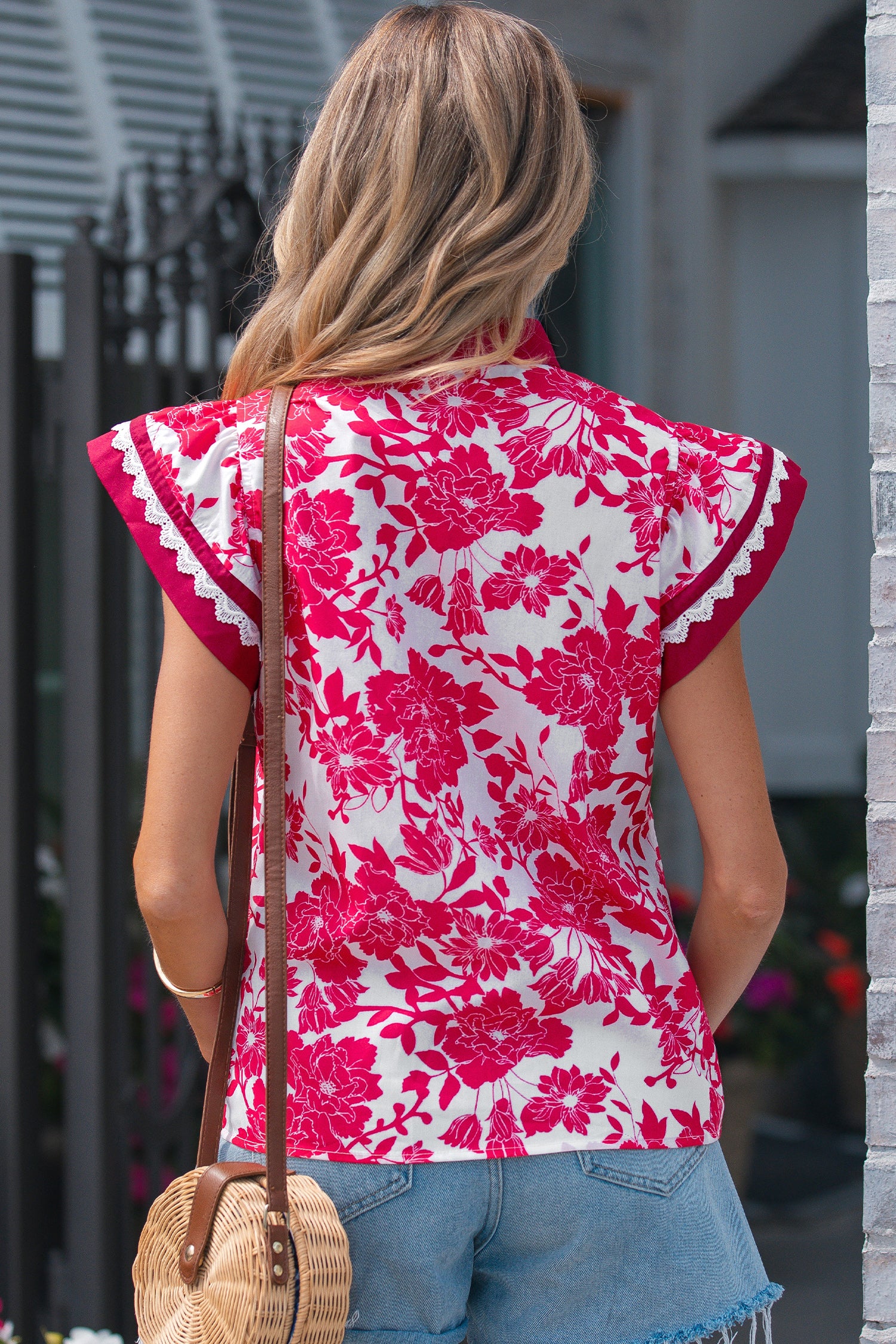 Red Floral Print Color Block Trim Lace Detail V Neck Flutter Sleeve Blouse-Tops/Blouses & Shirts-[Adult]-[Female]-2022 Online Blue Zone Planet
