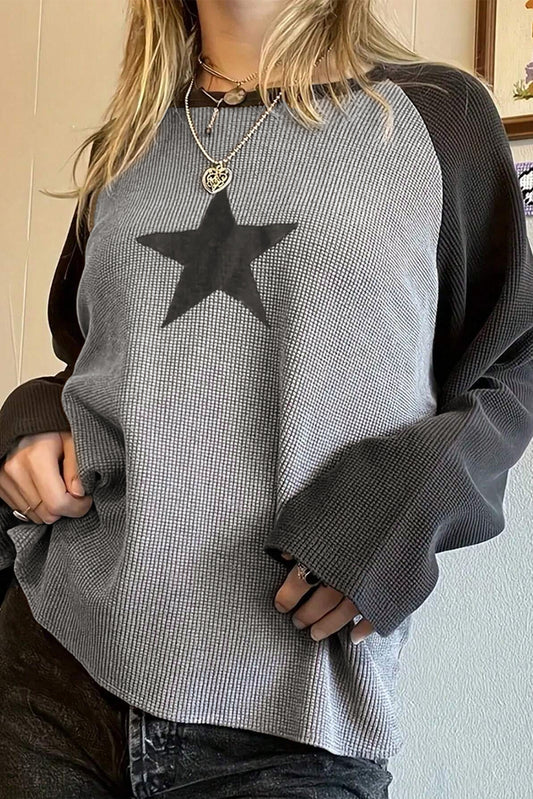 High Waffle Knit Colorblock Star Patch Graphic Raglan Top-Tops/Long Sleeve Tops-[Adult]-[Female]-High-rise-S-2022 Online Blue Zone Planet