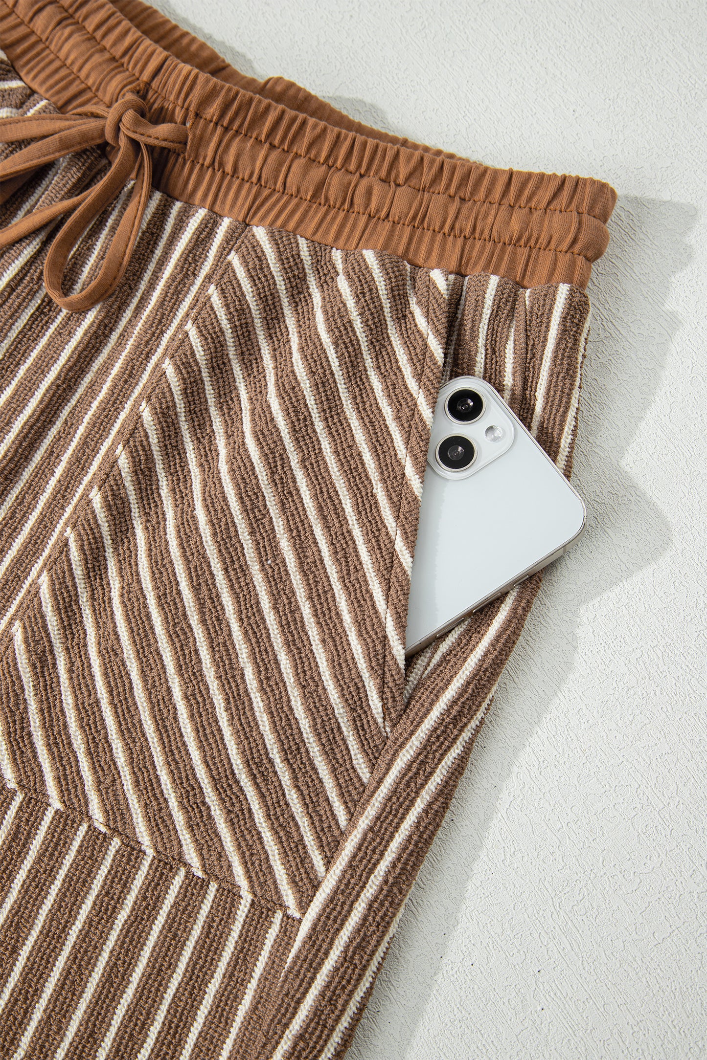 Khaki Stripe Crew Neck Tee Drawstring Waist Cropped Pants Set-Two Piece Sets/Pant Sets-[Adult]-[Female]-2022 Online Blue Zone Planet