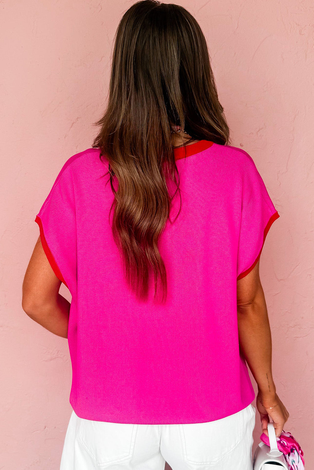 Rose Red Contrast Trim Round Neck Short Sleeve Loose Knit Sweater-Sweaters & Cardigans/Short Sleeve Sweaters-[Adult]-[Female]-2022 Online Blue Zone Planet