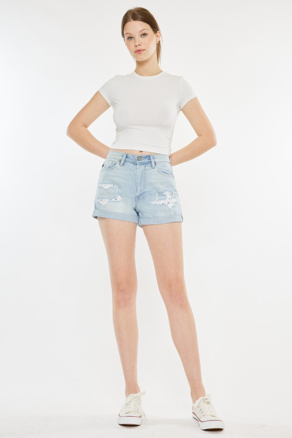 Blue Zone Planet | Kancan High Rise Repaired Mom Denim Shorts-BOTTOMS SIZES SMALL MEDIUM LARGE-[Adult]-[Female]-Light-S-2022 Online Blue Zone Planet