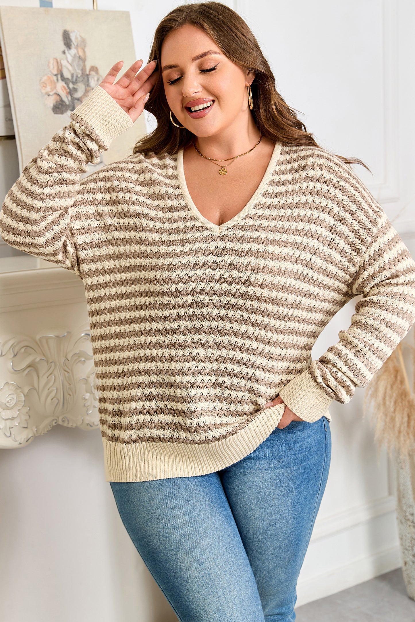 Khaki Stripe Plus Size V Neck Drop Shoulder Sweater-Plus Size/Plus Size Sweaters & Cardigans-[Adult]-[Female]-2022 Online Blue Zone Planet