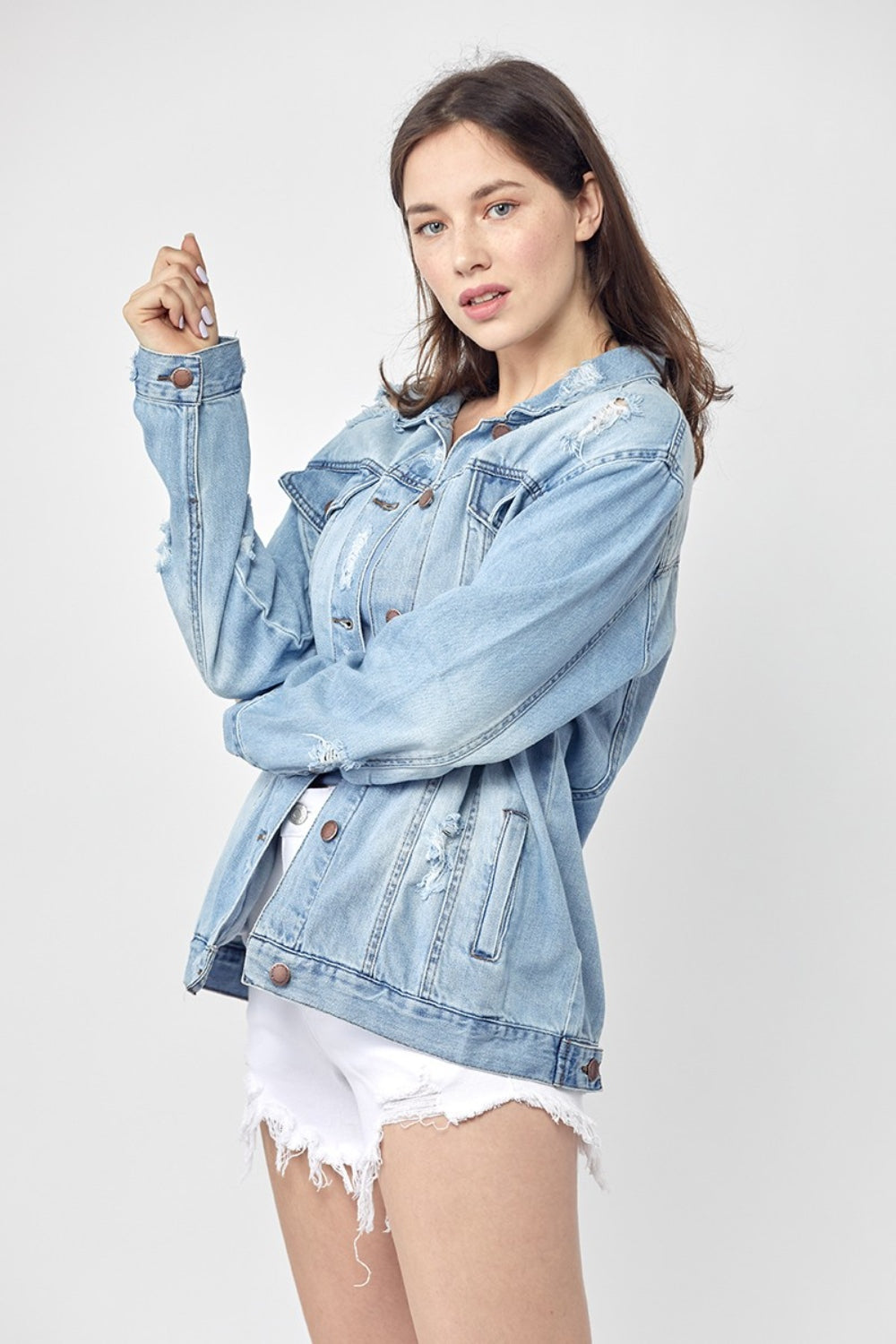 RISEN Full Size Distressed Long Sleeve Denim Jacket-TOPS / DRESSES-[Adult]-[Female]-2022 Online Blue Zone Planet