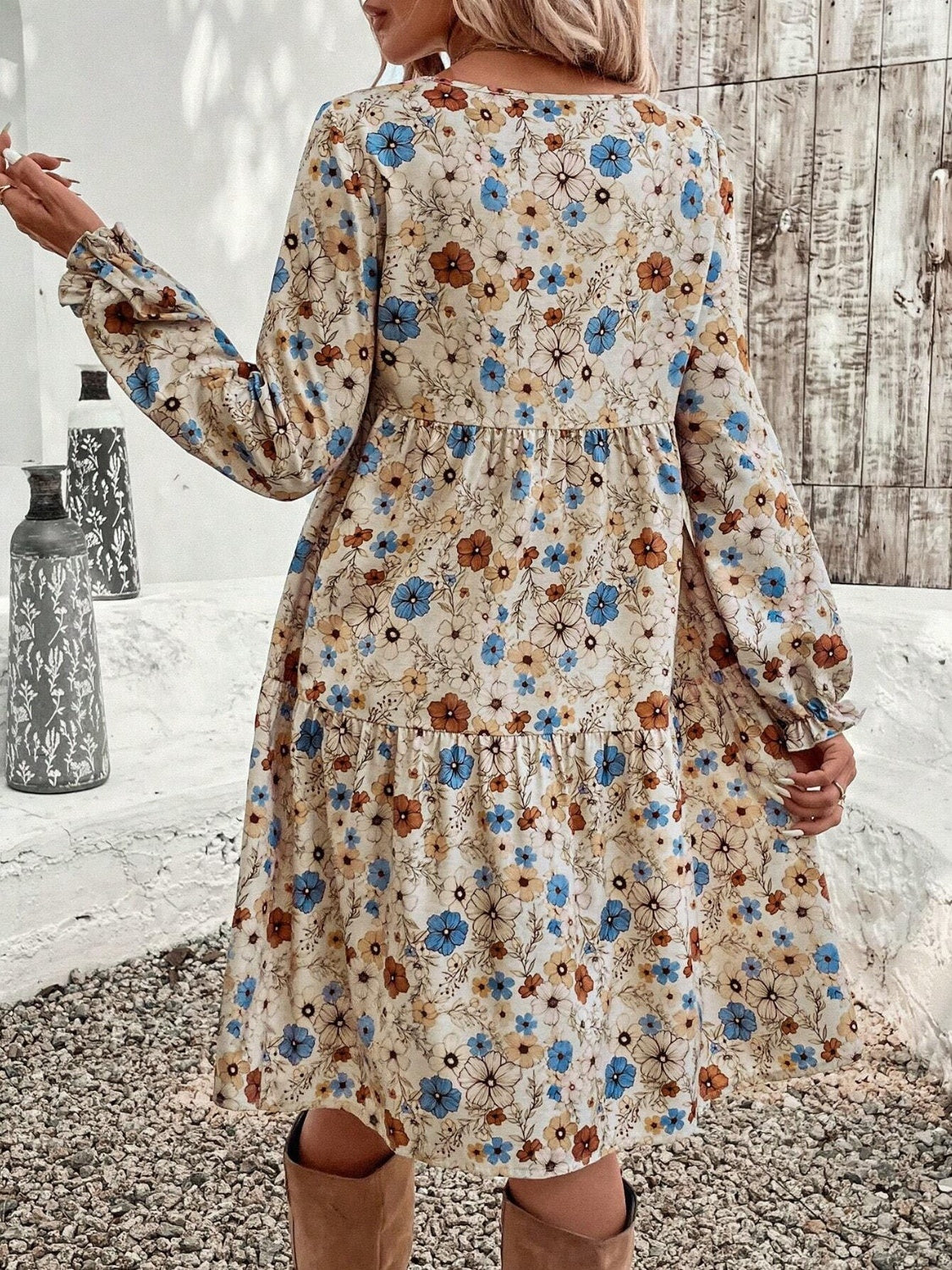 Tiered Floral Round Neck Long Sleeve Dress-TOPS / DRESSES-[Adult]-[Female]-2022 Online Blue Zone Planet