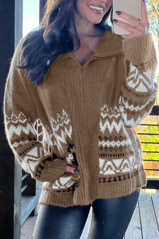 Brown Western Printed Ribbed Trim Collared Zip up Cardigan-Sweaters & Cardigans/Cardigans-[Adult]-[Female]-Brown-S-2022 Online Blue Zone Planet