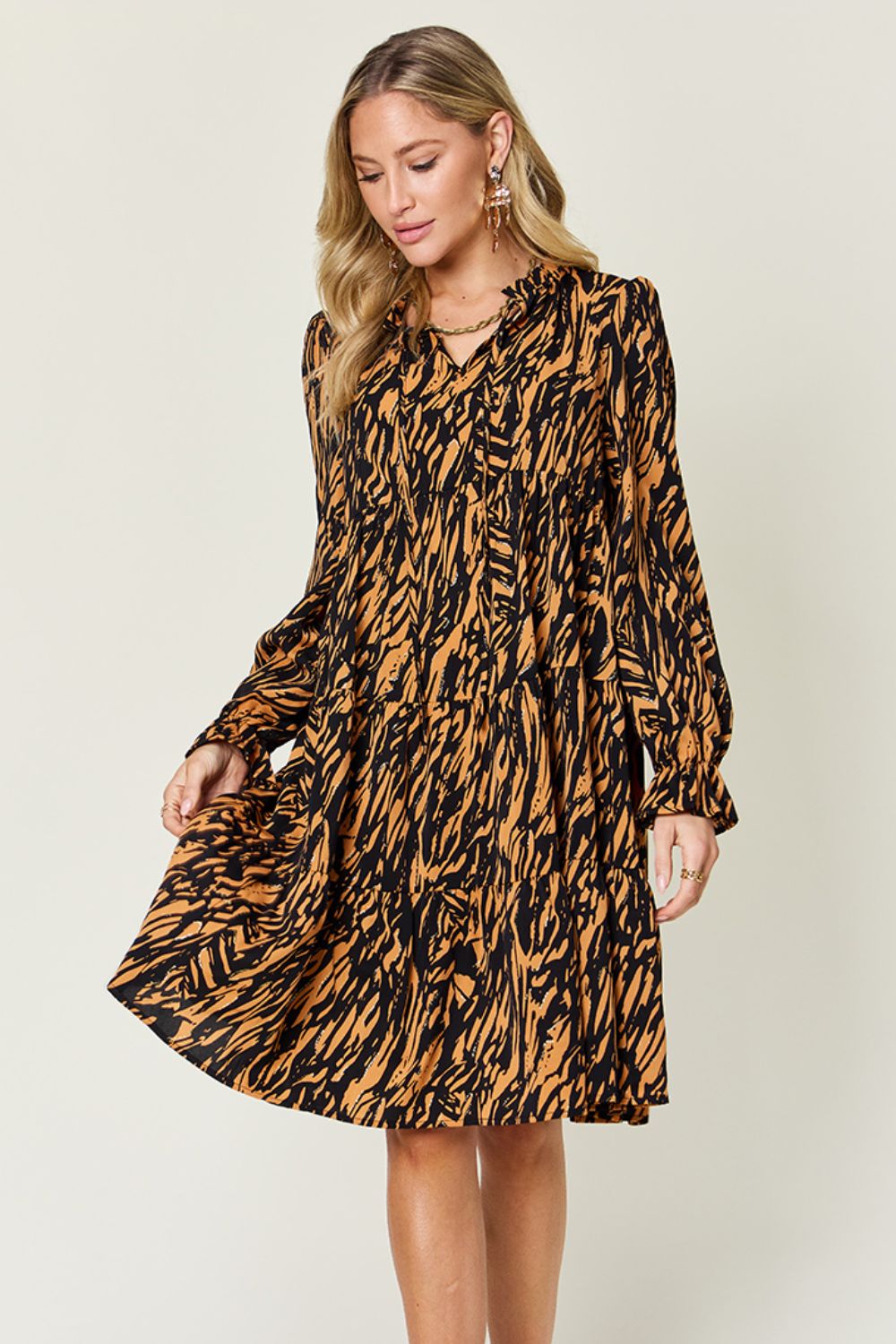 Double Take Full Size Printed Ruffle Hem Long Sleeve Dress-TOPS / DRESSES-[Adult]-[Female]-2022 Online Blue Zone Planet