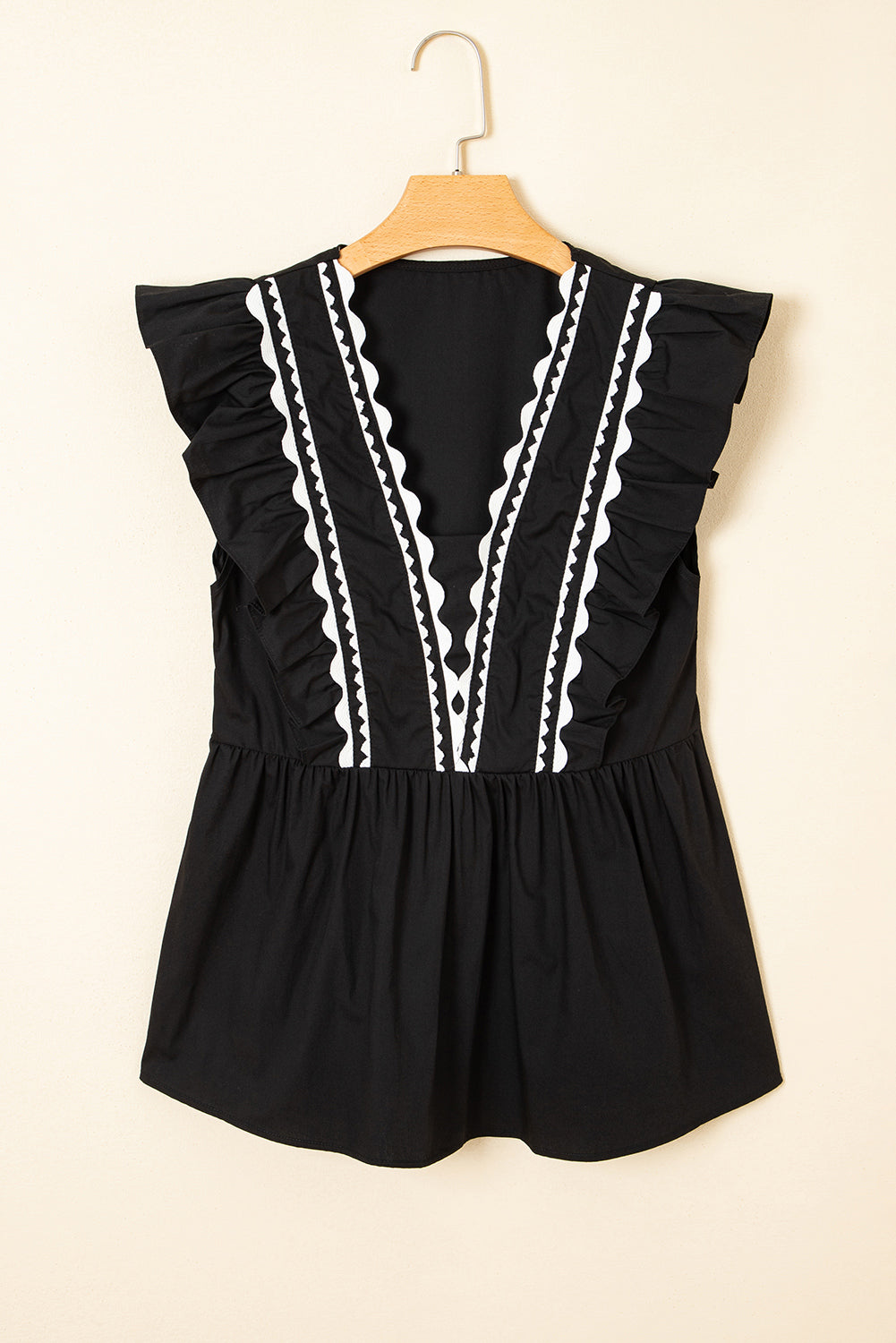 Black Contrast Ricrac Trim Ruffled V Neck Peplum Top-Tops/Blouses & Shirts-[Adult]-[Female]-2022 Online Blue Zone Planet