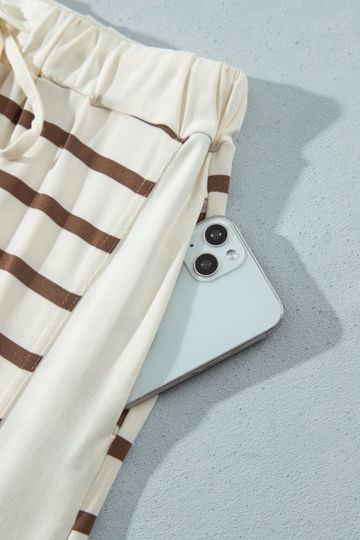 Khaki Stripe Relaxed Long Sleeve Top Color Block Detail Drawstring Pant Set-Two Piece Sets/Pant Sets-[Adult]-[Female]-2022 Online Blue Zone Planet