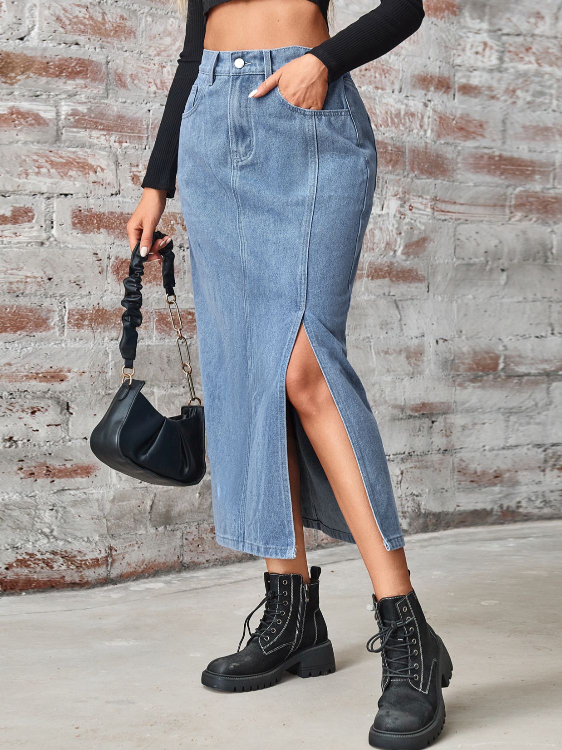 Slit High Waist Denim Skirt with Pockets-[Adult]-[Female]-2022 Online Blue Zone Planet