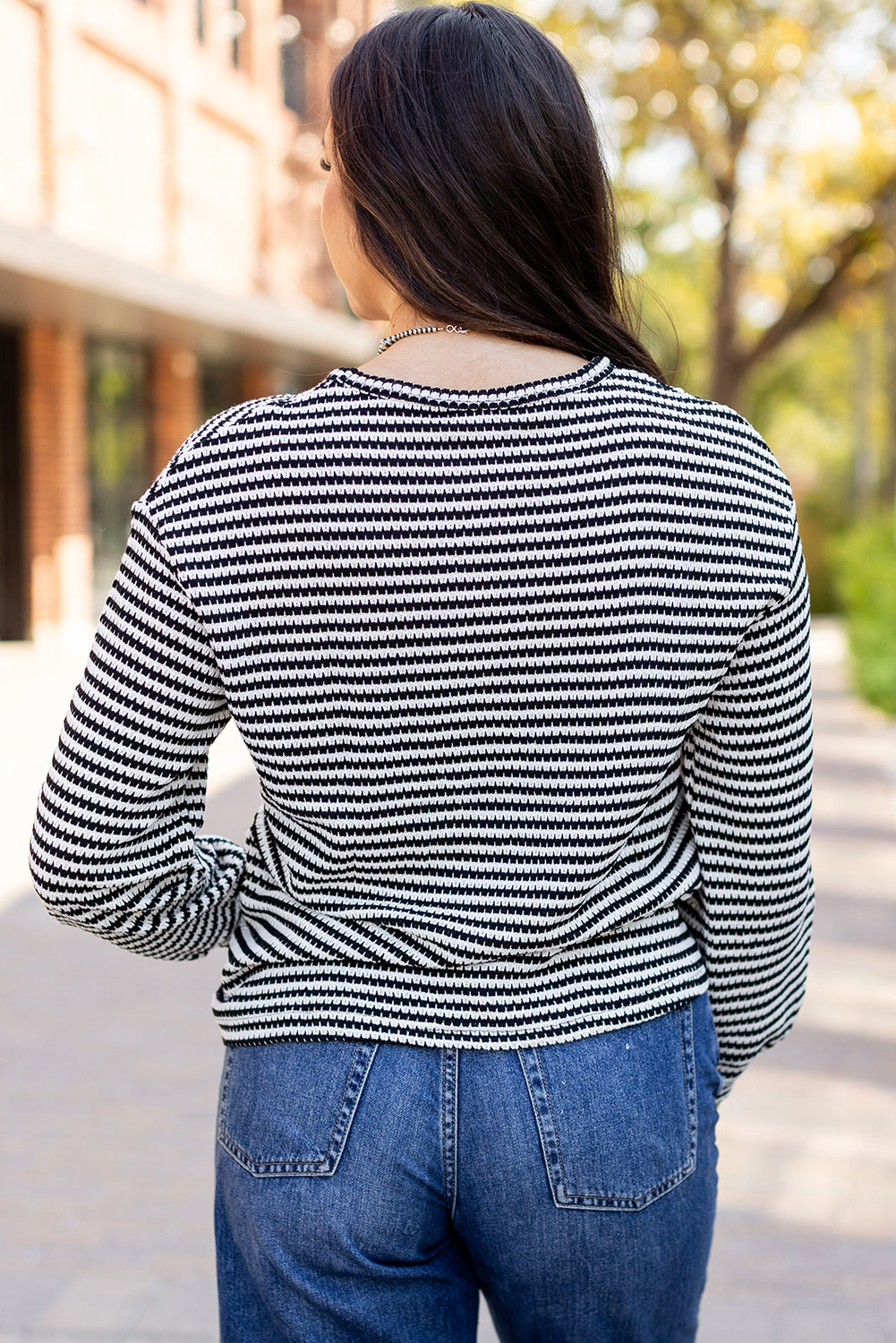 Rose Stripe Round Neck Drop Shoulder Long Sleeve Top-Tops/Long Sleeve Tops-[Adult]-[Female]-2022 Online Blue Zone Planet