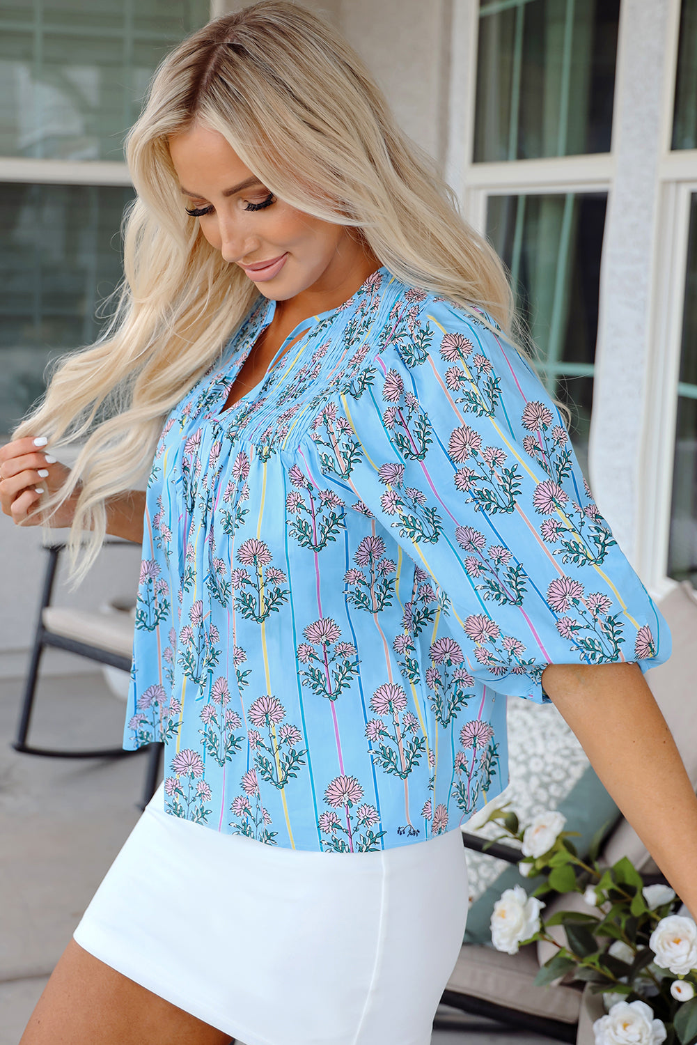 Blue Zone Planet | Sky Blue Floral Striped Print Tie Shirred Splie Neck Blouse-Tops/Blouses & Shirts-[Adult]-[Female]-2022 Online Blue Zone Planet