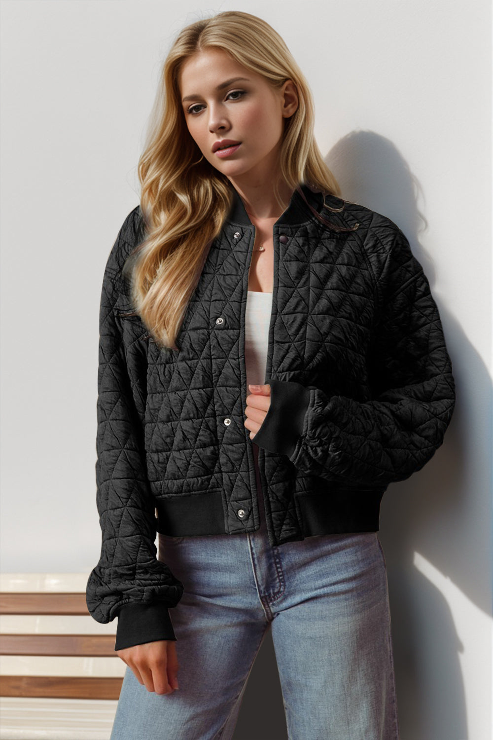 Double Take Quilted Snap Down Cropped Bomber Jacket-TOPS / DRESSES-[Adult]-[Female]-Black-S-2022 Online Blue Zone Planet