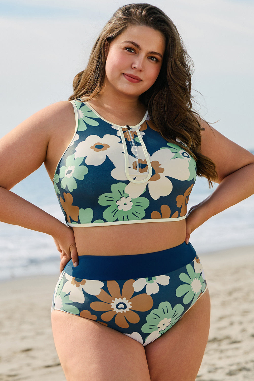 Green Floral Printed Zipped Plus Size Two Pieces Bikini-Plus Size/Plus Size Swimwear-[Adult]-[Female]-2022 Online Blue Zone Planet