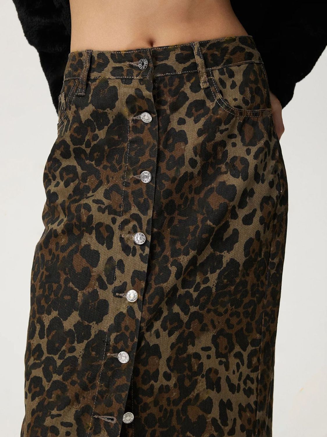 Leopard Button Up Denim Skirt-BOTTOMS SIZES SMALL MEDIUM LARGE-[Adult]-[Female]-2022 Online Blue Zone Planet