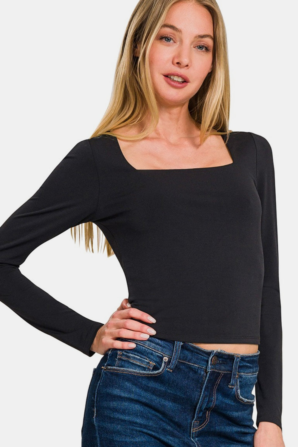 Zenana Square Neck Fitted Long Sleeve T-Shirt-TOPS / DRESSES-[Adult]-[Female]-2022 Online Blue Zone Planet