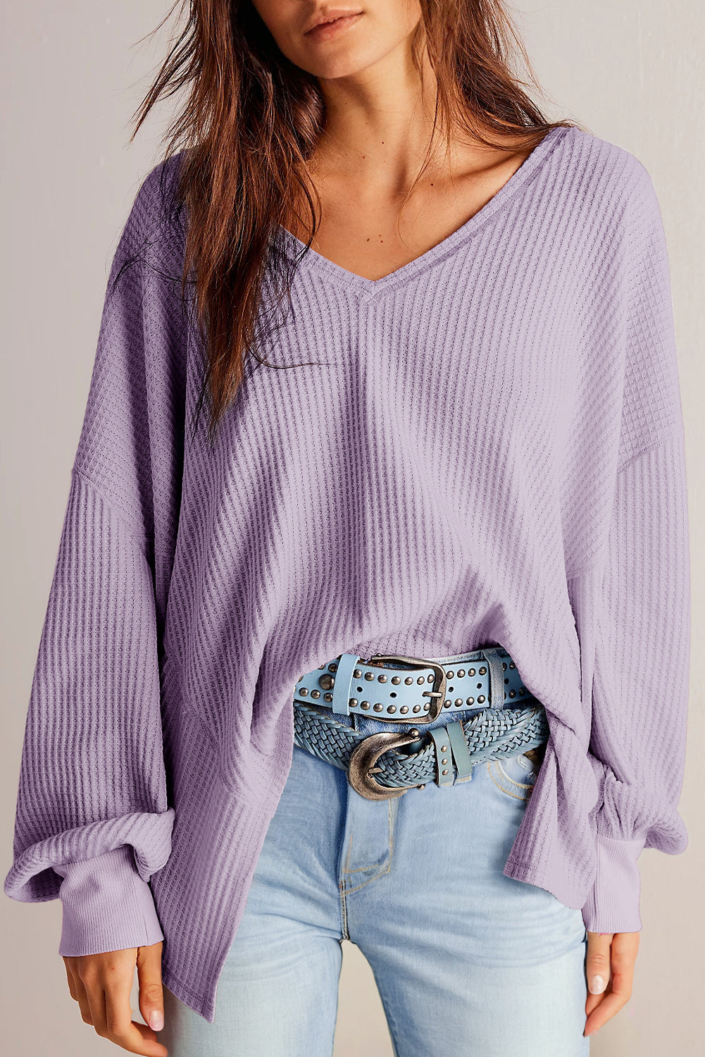 Blue Zone Planet | Orchid Petal Waffle V Neck Long Sleeve Drop Shoulder Loose Blouse-Tops/Blouses & Shirts-[Adult]-[Female]-Orchid Petal-S-2022 Online Blue Zone Planet