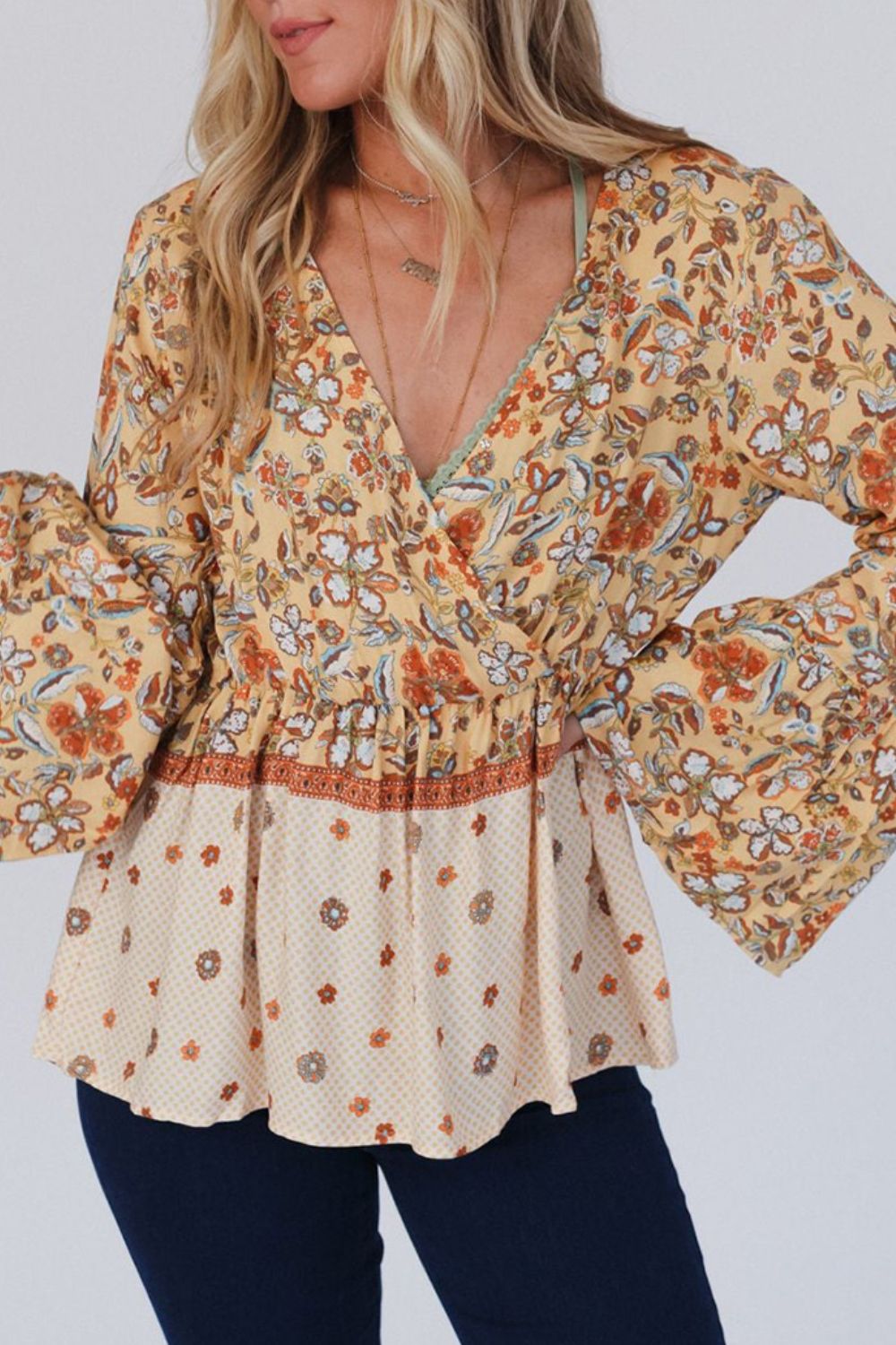 Blue Zone Planet | Peplum Printed Surplice Flare Sleeve Blouse-TOPS / DRESSES-[Adult]-[Female]-2022 Online Blue Zone Planet