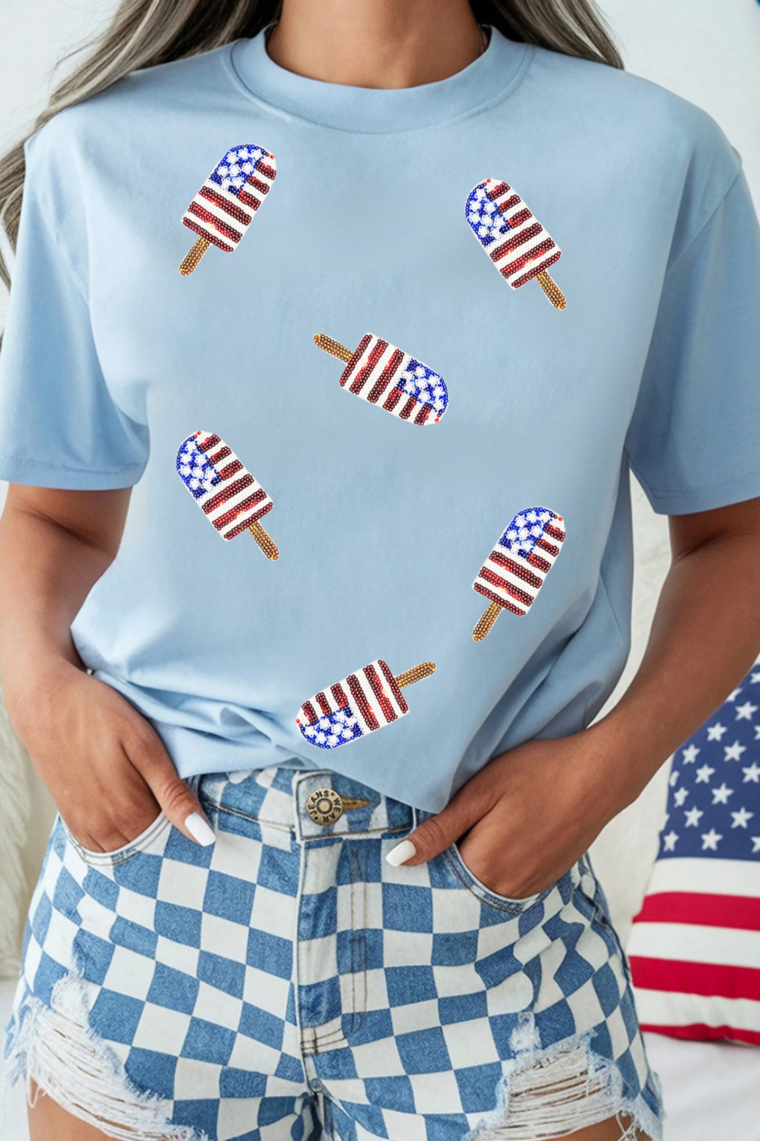Light Blue Patriotic Sequin Popsicle T Shirt-Graphic/Graphic Tees-[Adult]-[Female]-2022 Online Blue Zone Planet