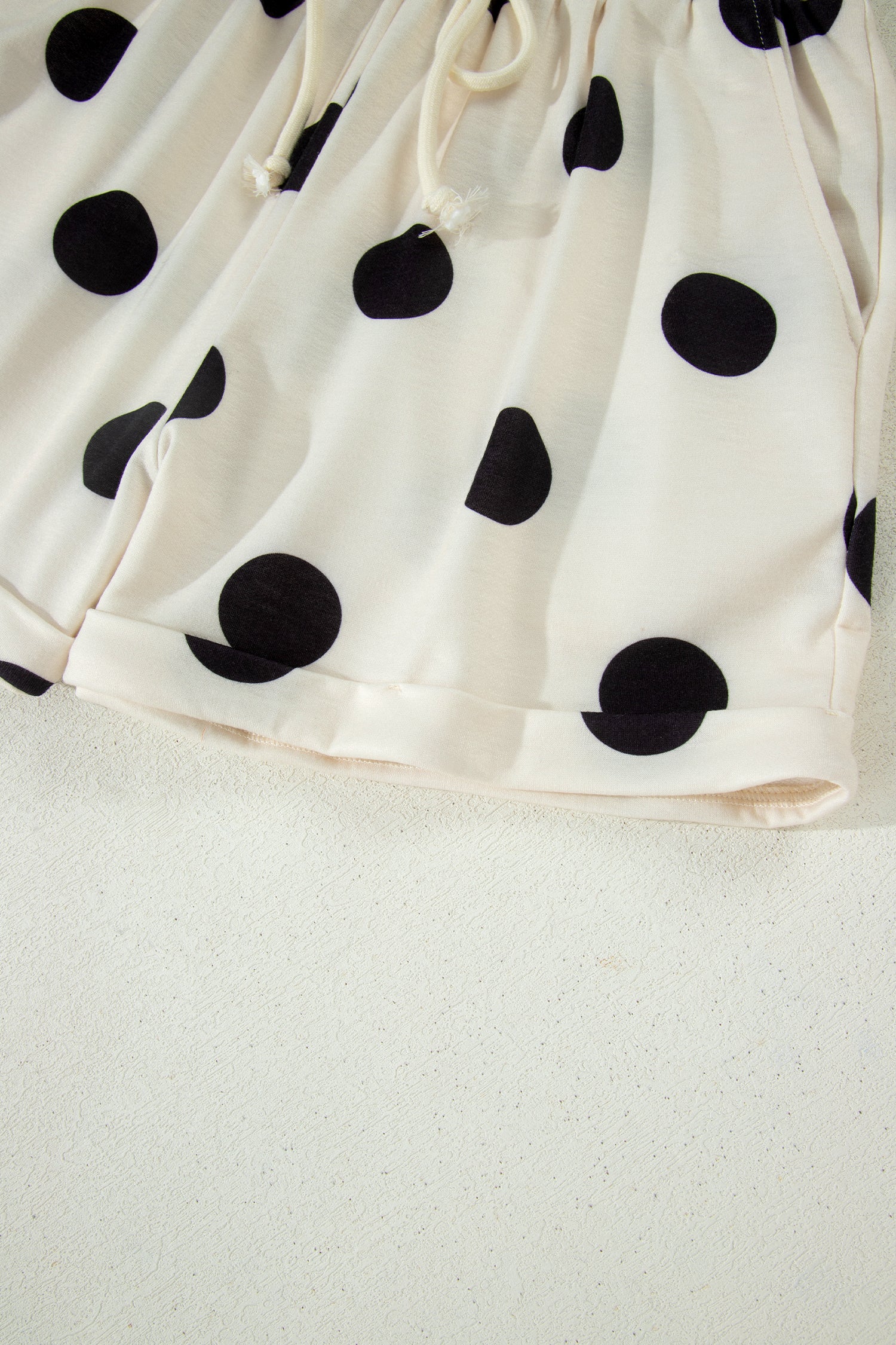 Beige Polka Dot Print V Neck Tee Short Set-Two Piece Sets/Short Sets-[Adult]-[Female]-2022 Online Blue Zone Planet