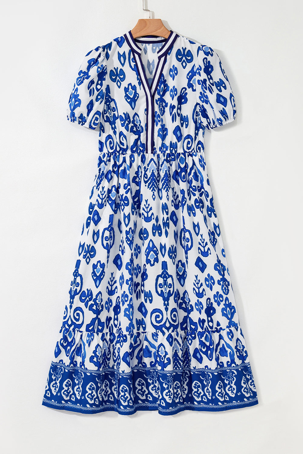 Blue Floral Puff Short Sleeve V Neck High Waist Maxi Dress-TOPS / DRESSES-[Adult]-[Female]-2022 Online Blue Zone Planet