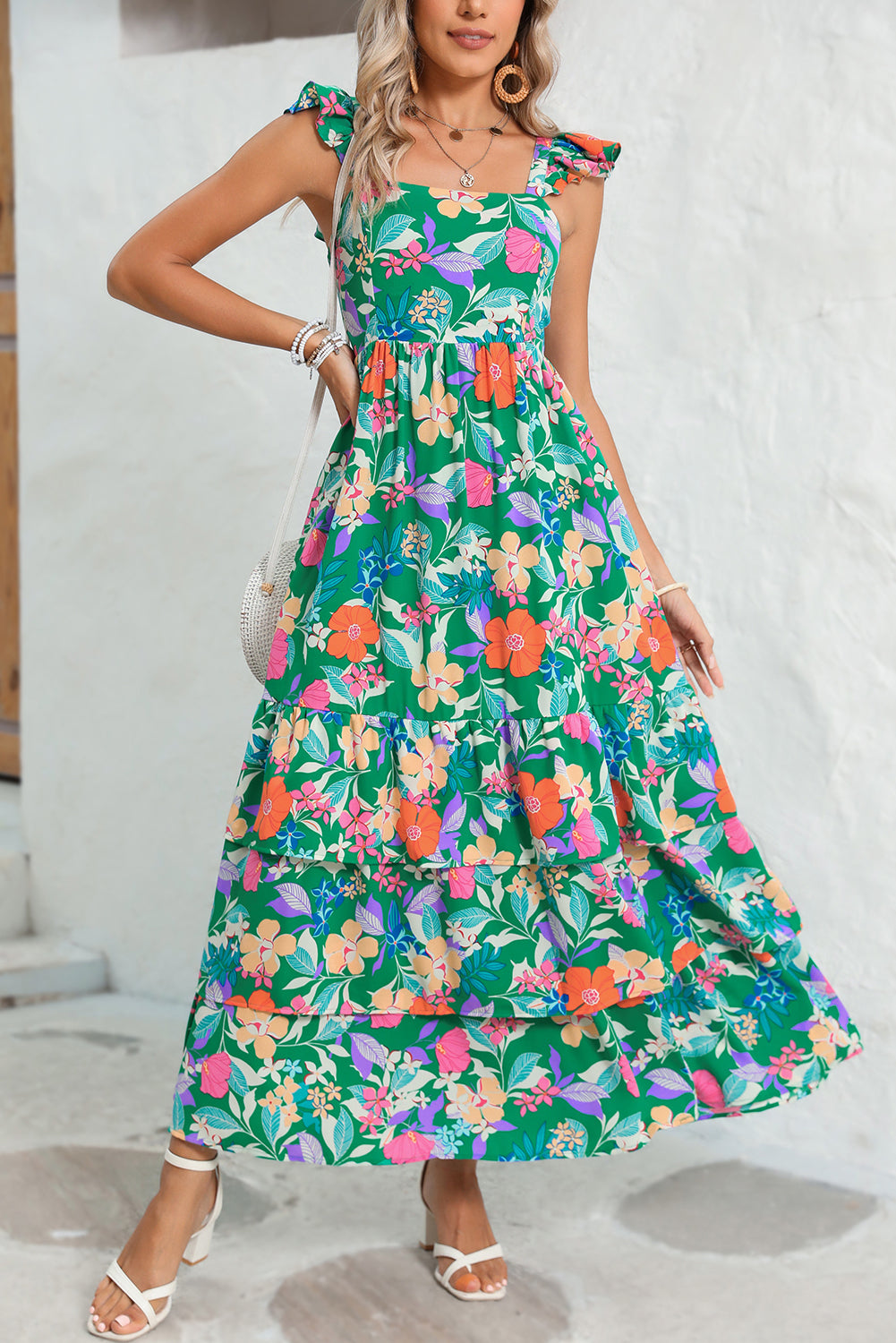 Pink Floral Print Sleeveless Ruffle Tiered Maxi Dress-Maxi Dresses-[Adult]-[Female]-2022 Online Blue Zone Planet