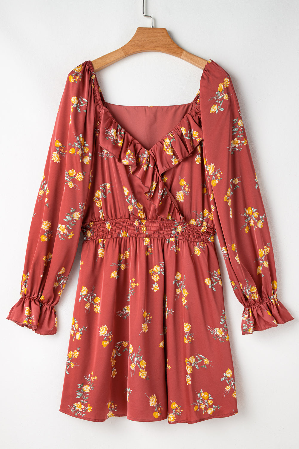 Blue Zone Planet | Red Clay Floral Print Shirred Waist Ruffled Trim V Neck Mini Dress-TOPS / DRESSES-[Adult]-[Female]-2022 Online Blue Zone Planet