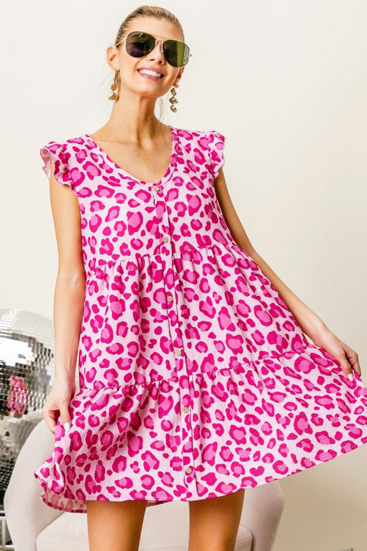 BiBi Leopard Cap Sleeve Tiered Mini Dress-TOPS / DRESSES-[Adult]-[Female]-Pink/Fuchsia-S-2022 Online Blue Zone Planet