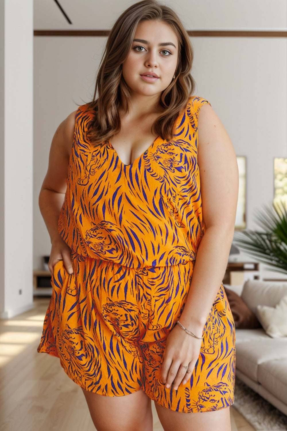 Plus Size Tiger Printed V-Neck Sleeveless Romper-TOPS / DRESSES-[Adult]-[Female]-2022 Online Blue Zone Planet