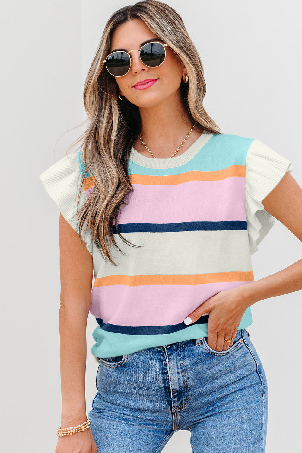 Multicolour Striped Color Block Flutter Sleeve Patchwork Sweater Top-TOPS / DRESSES-[Adult]-[Female]-2022 Online Blue Zone Planet