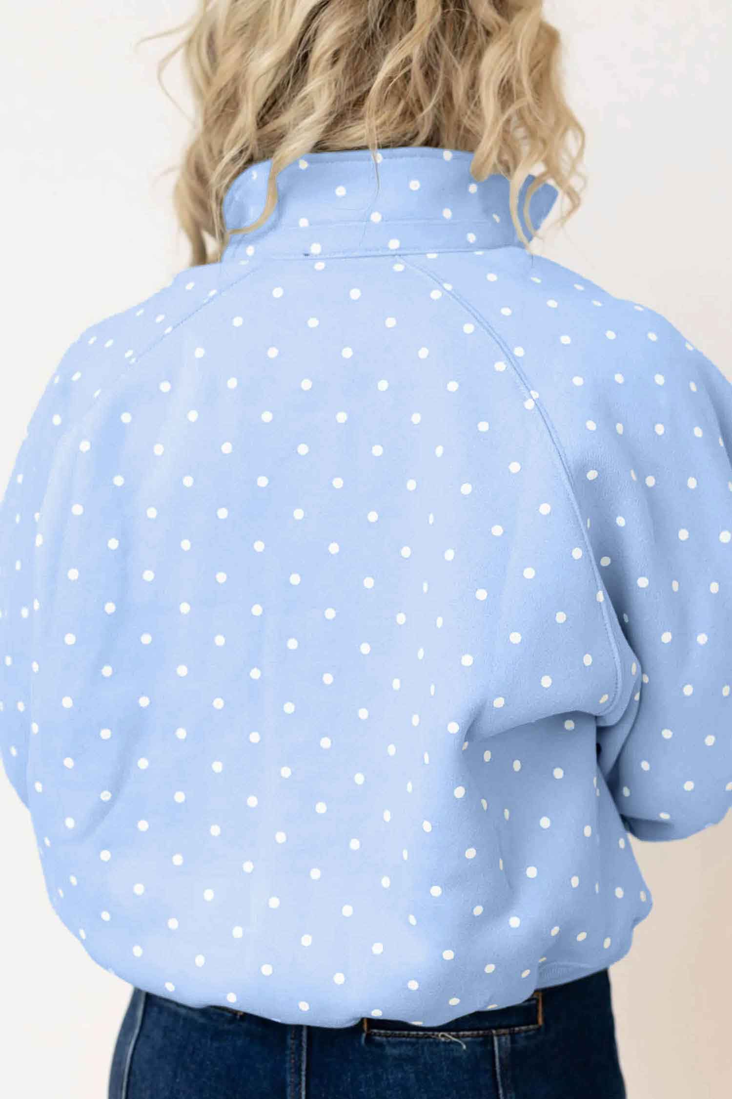 Sky Blue Polka Dot V Neck Metal Button Long Sleeve Shift Plus Size Sweatshirt-Plus Size/Plus Size Sweatshirts & Hoodies-[Adult]-[Female]-2022 Online Blue Zone Planet