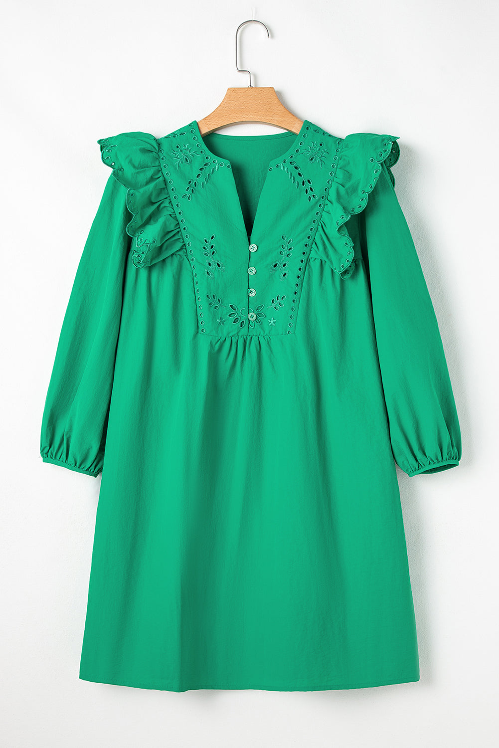 Blue Zone Planet | Bright Green Embroidered Ruffled Trim 3/4 Sleeve V Neck Mini Dress-TOPS / DRESSES-[Adult]-[Female]-2022 Online Blue Zone Planet