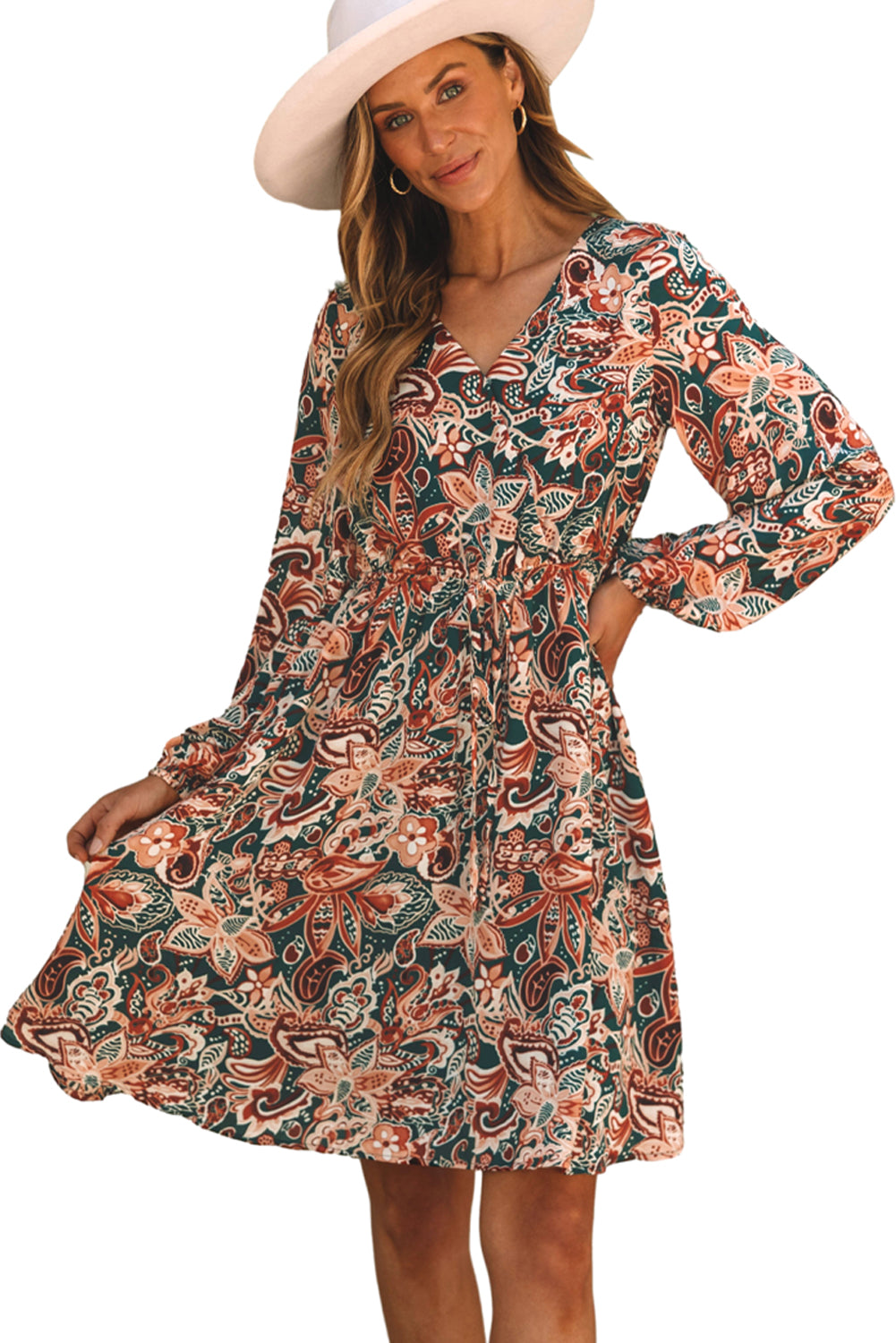 Blue Zone Planet | Brown Geometric Print Long Sleeve Surplice Flowy Dress-TOPS / DRESSES-[Adult]-[Female]-2022 Online Blue Zone Planet