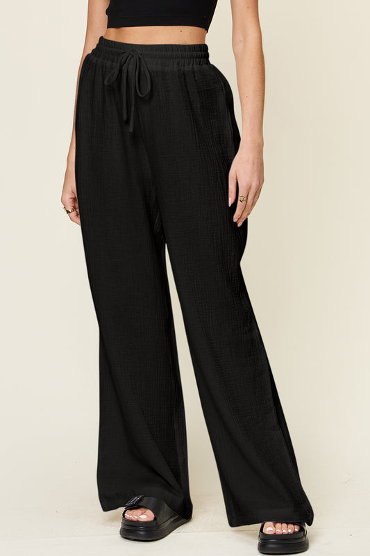 Double Take Full Size Texture Drawstring Wide Leg Pants-BOTTOMS SIZES SMALL MEDIUM LARGE-[Adult]-[Female]-Black-S-2022 Online Blue Zone Planet