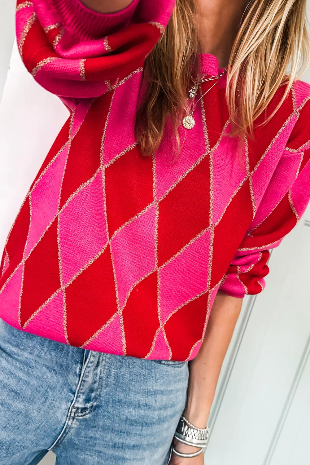 Rose Red Glitter Rhombus Pattern Knit Womens Casual Sweater-Sweaters & Cardigans/Sweaters-[Adult]-[Female]-2022 Online Blue Zone Planet