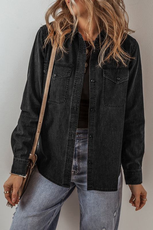 Blue Zone Planet | Black Flap Pocket Buttons Collared Jean Jacket-Outerwear/Denim jackets-[Adult]-[Female]-Black-S-2022 Online Blue Zone Planet