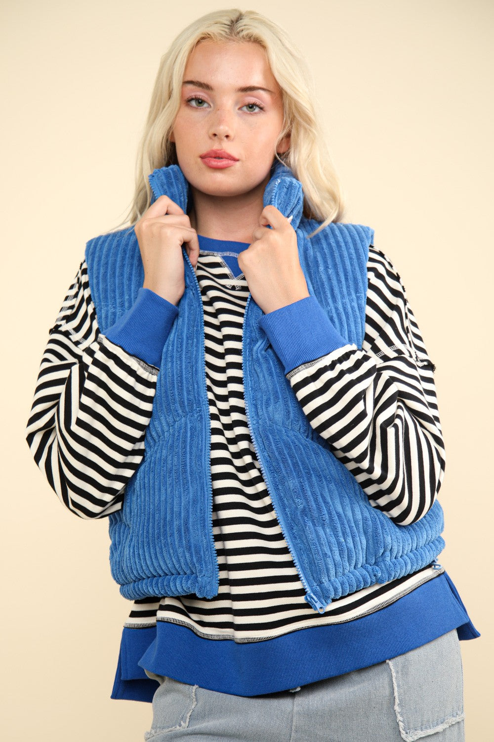 VERY J Zip Up Padded Corduroy Puffer Vest-TOPS / DRESSES-[Adult]-[Female]-Blue-S-2022 Online Blue Zone Planet