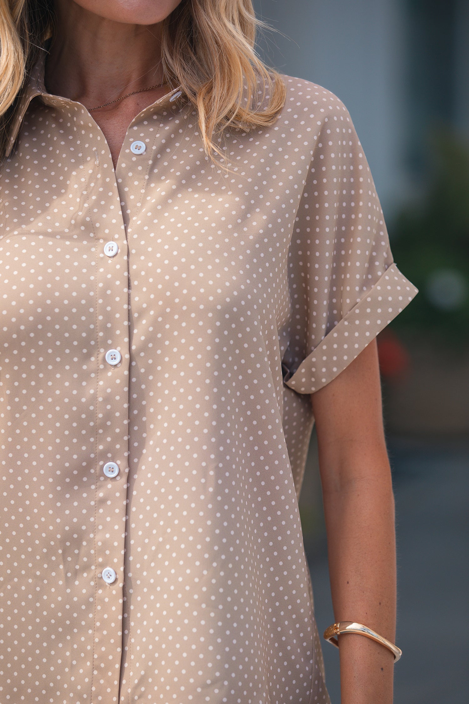 Khaki Dotted Print Cuffed Short Sleeve Shirt-Tops/Blouses & Shirts-[Adult]-[Female]-2022 Online Blue Zone Planet