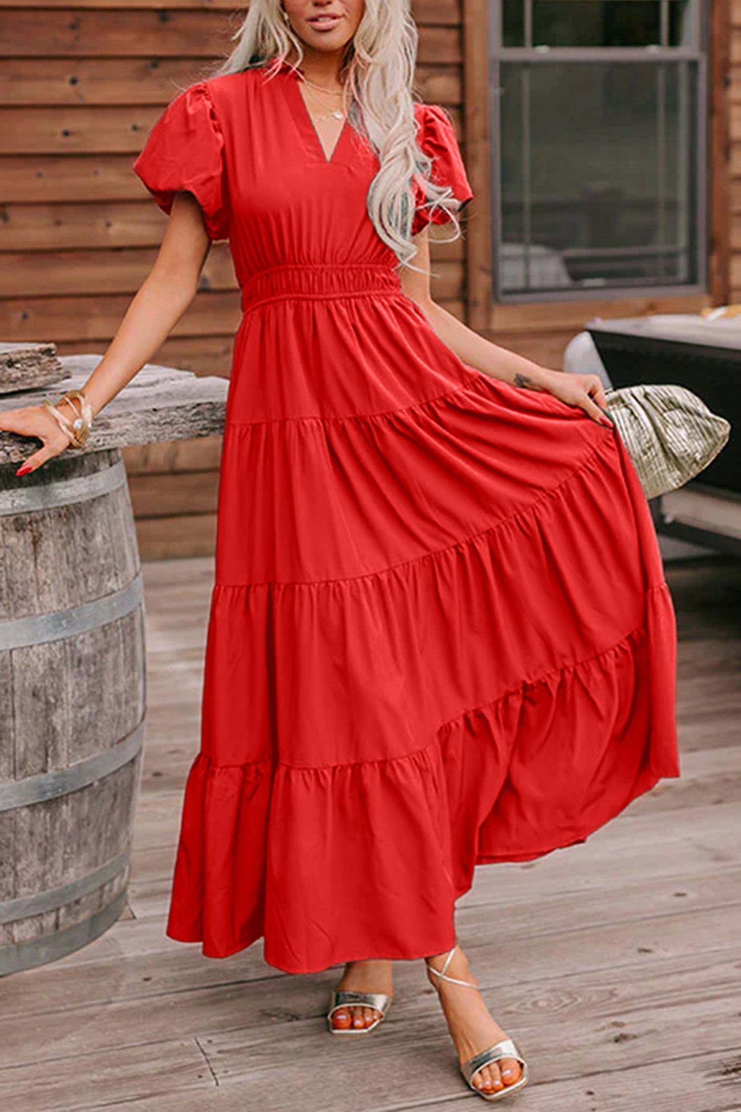 Coral Solid Color V Neck Short Puff Sleeve High Waist Tiered Maxi Dress Coral / S / 100%Polyester