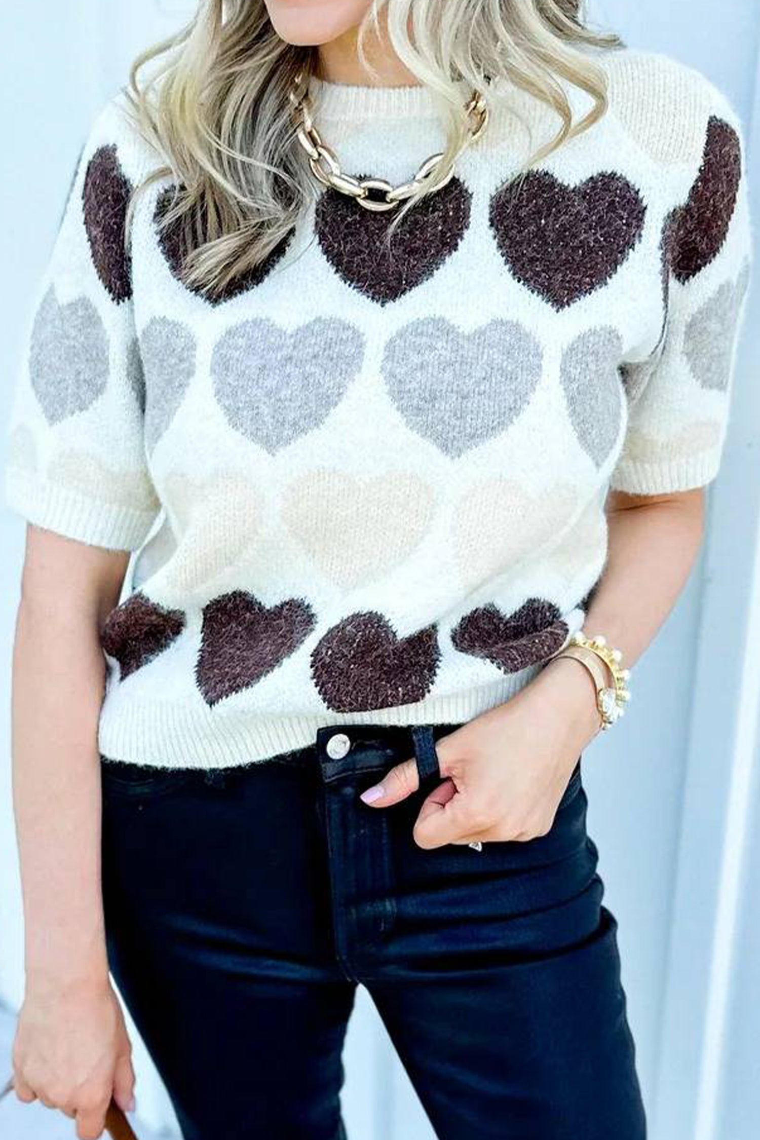 White Valentine Heart Short Sleeve Sweater-TOPS / DRESSES-[Adult]-[Female]-2022 Online Blue Zone Planet