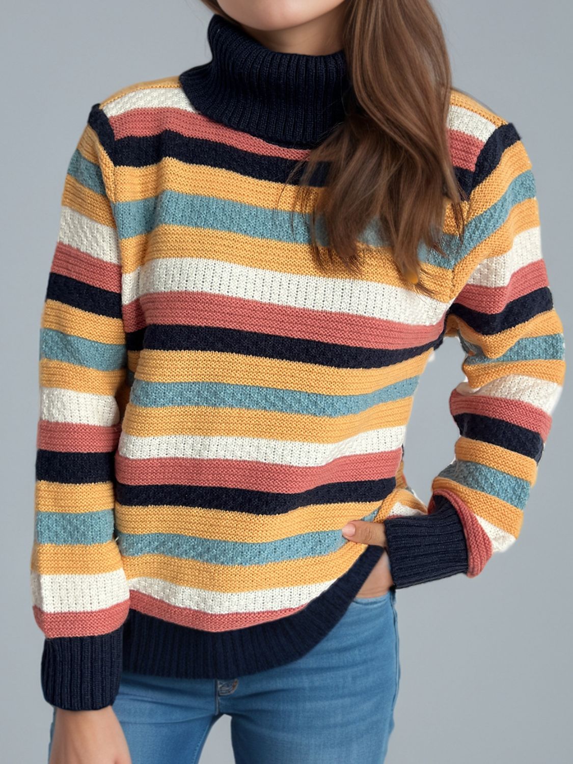 Blue Zone Planet | Contrast Stripes Turtleneck Long Sleeve Sweater-TOPS / DRESSES-[Adult]-[Female]-Black-One Size-2022 Online Blue Zone Planet