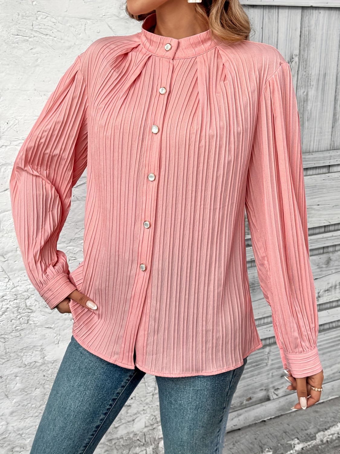 Button Down Mock Neck Long Sleeve Shirt-TOPS / DRESSES-[Adult]-[Female]-2022 Online Blue Zone Planet