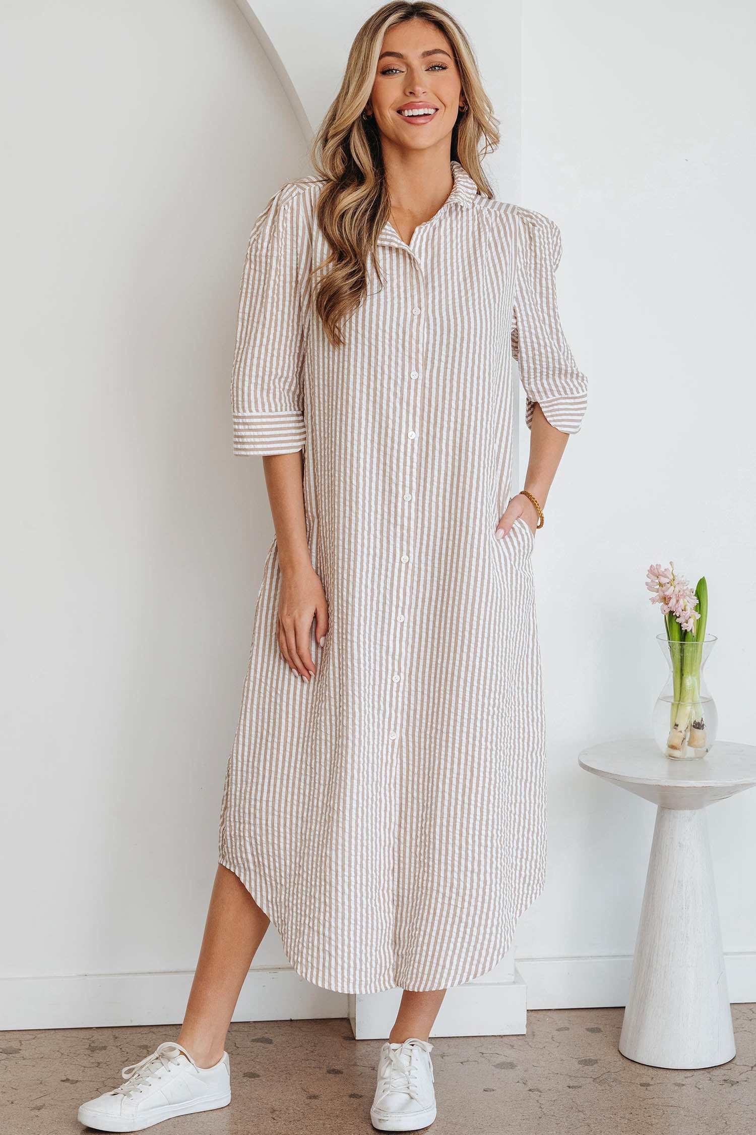 Khaki Stripe Frilled Collar Half Sleeve Shirt Maxi Dress-TOPS / DRESSES-[Adult]-[Female]-2022 Online Blue Zone Planet